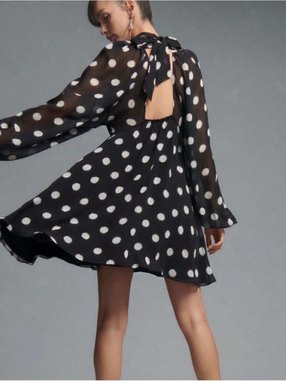 Anthro Maeve Polka Dot Open Back Mini Dress Chiffon Balloon Sleeve Mock Neck S